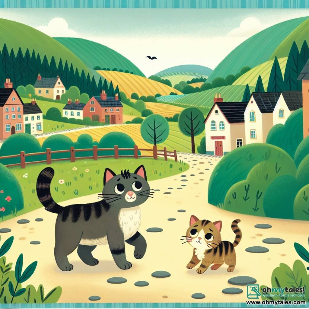 Une illustration destinée aux enfants représentant un chat courageux, une petite chatte perdue, une magnifique place de village entourée de collines verdoyantes et de forêts luxuriantes.