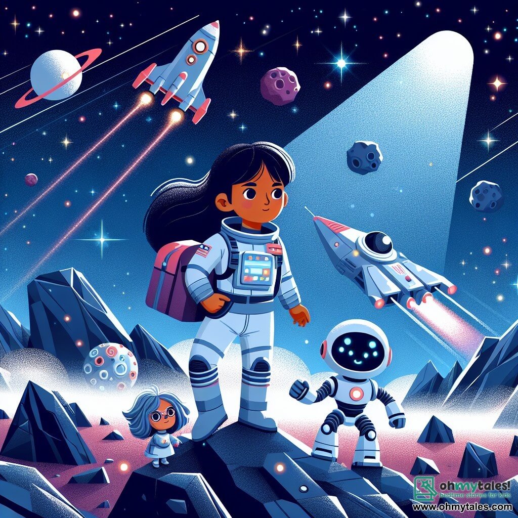 Une illustration destinée aux enfants représentant un courageux astronaute, la découverte d'une source d'énergie vitale, un fidèle robot compagnon et un vaisseau spatial ultramoderne naviguant à travers un champ d'astéroïdes scintillants dans l'espace infini.