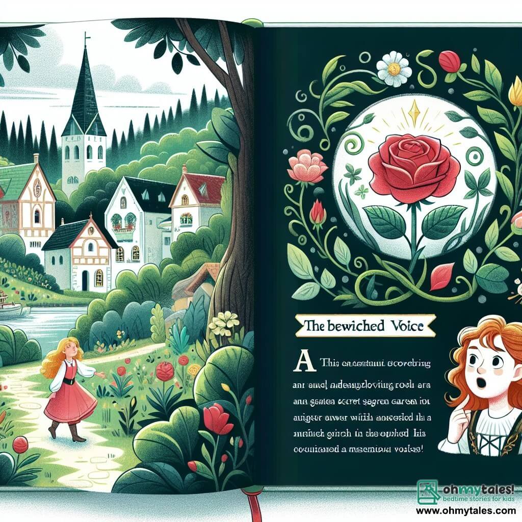 Une illustration destinée aux enfants représentant une jeune fille curieuse et pleine d'aventures, découvrant un jardin secret enchanté avec une rose ensorcelée, accompagnée d'une voix mystérieuse, dans une petite ville entourée de collines verdoyantes et d'une nature luxuriante.