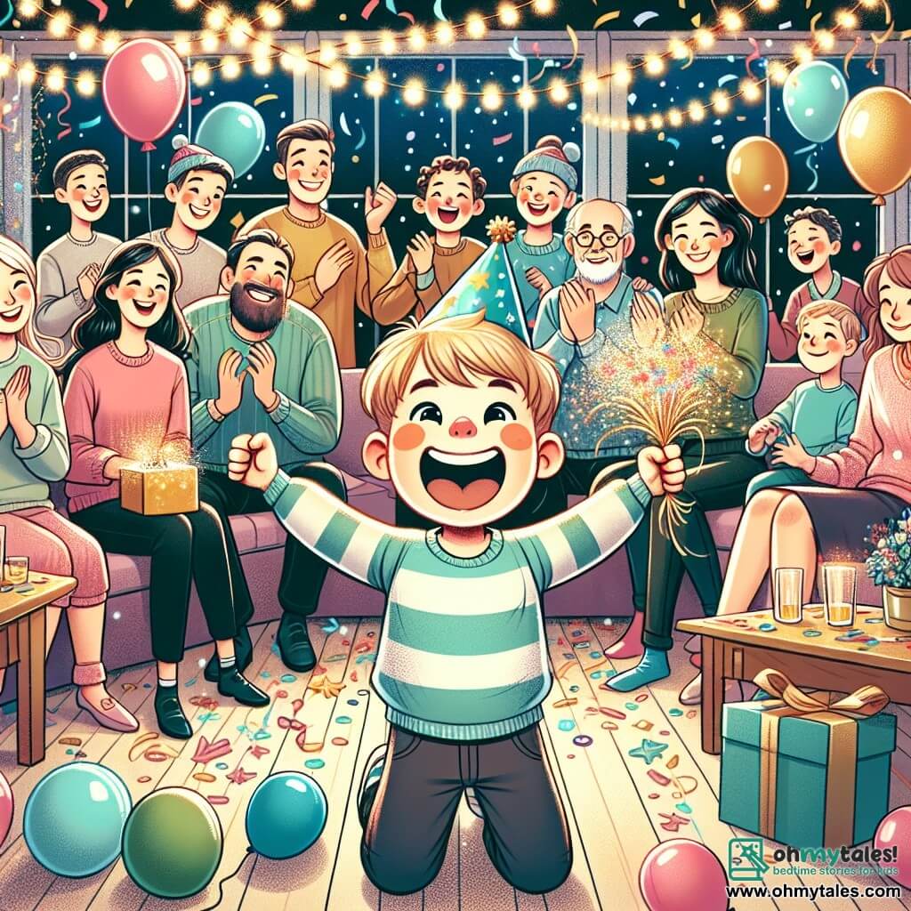 Une illustration destinée aux enfants représentant un garçon plein d'enthousiasme, entouré de sa famille et de son oncle farceur, célébrant le Nouvel An dans un salon festivement décoré de ballons colorés, de guirlandes étincelantes et de confettis scintillants.