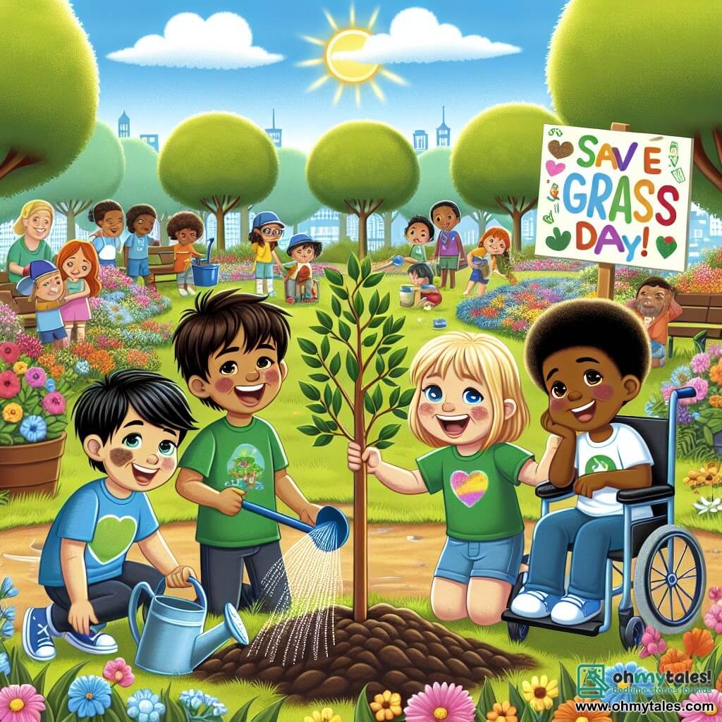 An illustration depicts a sunny park filled with colorful flowers and majestic trees under a bright blue sky with fluffy white clouds. In the foreground, a group of four seven-year-old boys, all smiling and full of energy, stands around a small tree they have just planted. One boy, with brown hair and a green t-shirt, holds a shovel and is digging the ground. Another boy, with blonde hair and a blue cap, waters the young tree with a watering can. The third boy, with black hair and a beaming smile, holds a colorful sign that reads "SAVE THE GRASS DAY!" in cheerful letters. Lastly, the fourth boy, with brown hair and sitting in a wheelchair, watches proudly, surrounded by crayons and drawings. In the background, families and children are busy watering plants and playing, creating an atmosphere of camaraderie and commitment to environmental protection.