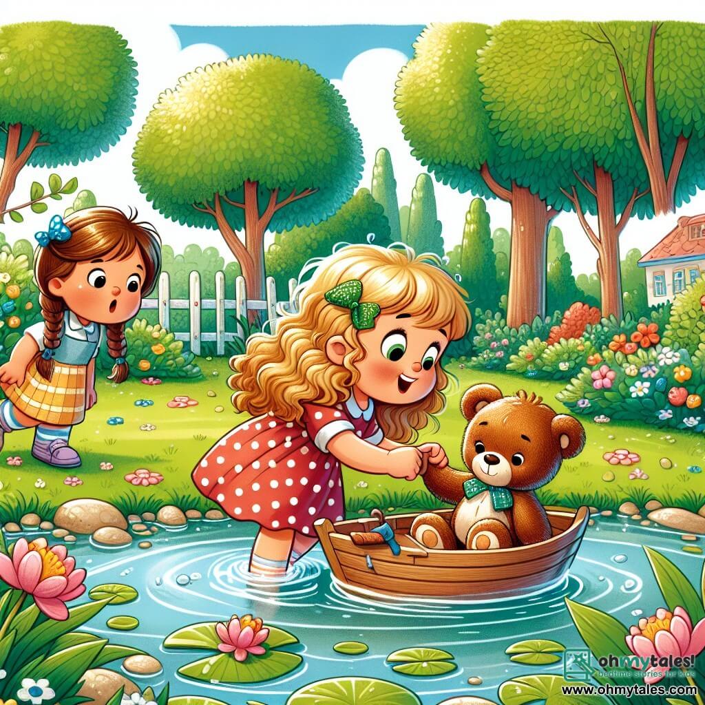 Une illustration sous forme de dessin destinée aux enfants représentant un parc ensoleillé avec des arbres verdoyants et des fleurs colorées, où une petite fille de 5 ans aux cheveux blonds et bouclés, portant une robe à pois, cherche désespérément son teddy bear, Mr. Cuddles, qui flotte sur un petit bateau en feuille dans un étang, tandis que deux amis, une fille aux cheveux bruns en tresses et un garçon avec une casquette bleue, l’encouragent et l’aident à le récupérer, créant une atmosphère d’aventure et de camaraderie.