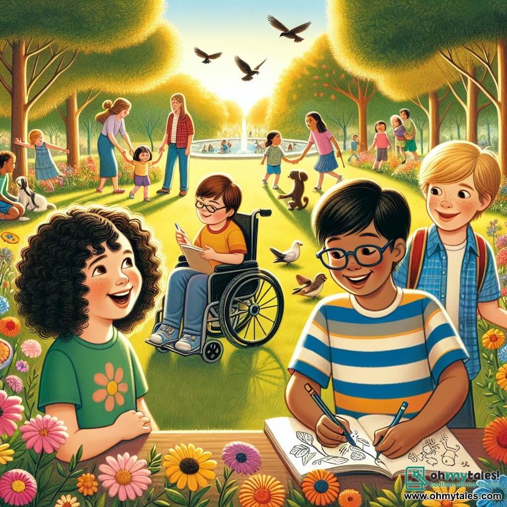 The illustration depicts a sunny park filled with colorful flowers and majestic trees. In the center, a ten-year-old girl with curly brown hair sits on a wooden bench, sketching in a notebook with a big smile. Next to her, a ten-year-old boy with glasses and brown hair holds a camera, ready to film. Another ten-year-old boy with blonde hair and a striped t-shirt leans in to listen attentively, while a fourth boy, also ten, with short black hair, uses a wheelchair and displays an enthusiastic expression. The scene captures a moment of sharing and learning, where the children joyfully discuss stories of people with different abilities. In the background, children play, parents stroll, and birds sing, creating an atmosphere of friendliness and inclusion. Colorful speech bubbles could show the children asking questions and laughing together, symbolizing friendship and understanding.