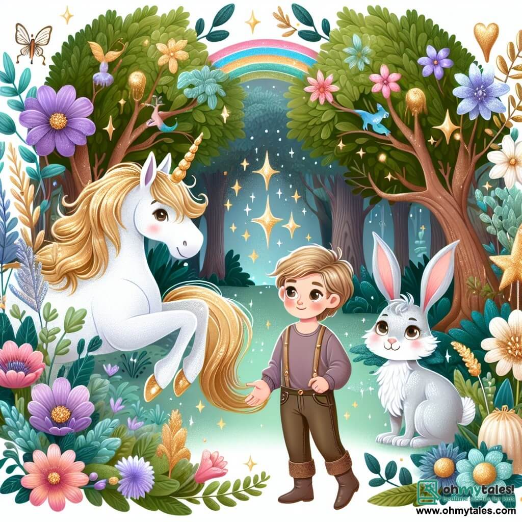 Une illustration destinée aux enfants représentant une licorne aux crins dorés, une situation magique, un petit lapin curieux, et une forêt enchantée aux arbres majestueux et aux fleurs chatoyantes.