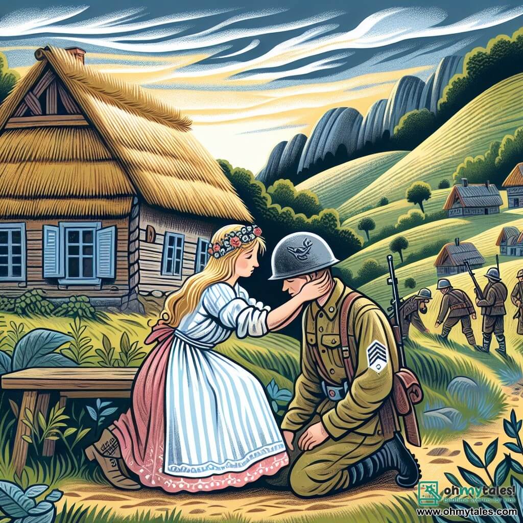 Une illustration destinée aux enfants représentant une femme courageuse et déterminée, au cœur d'une guerre dévastatrice, trouvant l'espoir et l'amour auprès d'un jeune soldat blessé, dans un village paisible entouré de collines verdoyantes et de maisons aux toits de chaume.