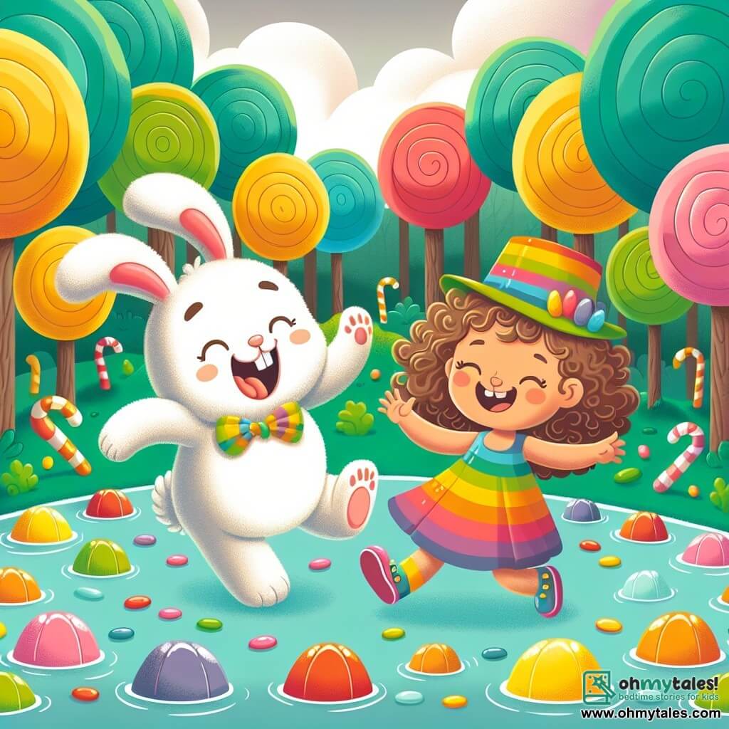 Une illustration sous forme de dessin destinée aux enfants représentant une forêt enchantée remplie d'arbres en forme de bonbons colorés, où une petite fille de 3 ans aux cheveux bouclés et au sourire éclatant, habillée d'une robe arc-en-ciel, rit aux éclats en tenant une énorme gelée en forme de bonbon, tandis qu'un grand lapin fluffy avec des oreilles tombantes et un chapeau trop grand pour lui, qui s'appelle Mr. Hiccup, saute joyeusement autour d'elle, tous deux entourés de jellybeans flottants dans un étang scintillant, illustrant leur quête amusante pour trouver le bonbon magique qui les fait rire.
