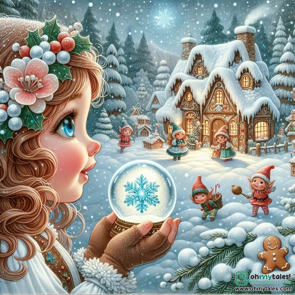 Une illustration destinée aux enfants représentant une petite fille aux cheveux bouclés, émerveillée par une boule de neige magique, accompagnée d'un flocon étincelant, dans un village enneigé, avec des maisons en pain d'épices et des lutins occupés à préparer les jouets de Noël, au cœur d'une forêt enchantée.