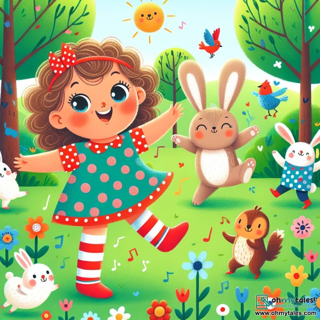Illustration destinée aux enfants représentant une scène joyeuse dans un parc ensoleillé, avec de grands arbres aux feuilles vertes et des fleurs colorées qui dansent au gré du vent. Au centre, une petite fille de 1 an, avec de grands yeux pétillants et des cheveux bouclés, porte des chaussettes rouges à pois et bleues à rayures, en train de danser et de rire, les bras levés vers le ciel. À ses côtés, un adorable petit lapin aux grandes oreilles et au pelage brun clair, qui saute joyeusement en imitant ses mouvements. En arrière-plan, d'autres animaux comme un oiseau coloré et un écureuil curieux se joignent à la fête, tous portant des chaussettes amusantes. La scène dégage une atmosphère de bonheur et de camaraderie, avec des éclats de rire et une ambiance festive, illustrant le thème d'une fête des chaussettes rigolotes.