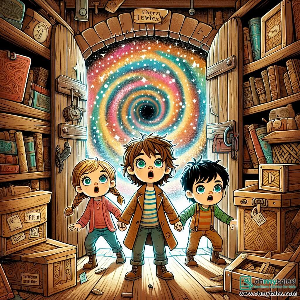 Une illustration sous forme de dessin destinée aux enfants représentant un vieux grenier poussiéreux rempli de boîtes en bois et de livres anciens, où un garçon de 9 ans aux cheveux bruns en bataille et aux yeux verts pétillants, debout devant une petite porte en bois ornée de motifs mystérieux, tient la main de deux amis : une fille aux cheveux blonds tressés et un garçon aux cheveux noirs, tous les trois affichant des expressions d'émerveillement et de curiosité, alors qu'ils s'apprêtent à sauter dans un vortex coloré qui les mènera à travers le temps.