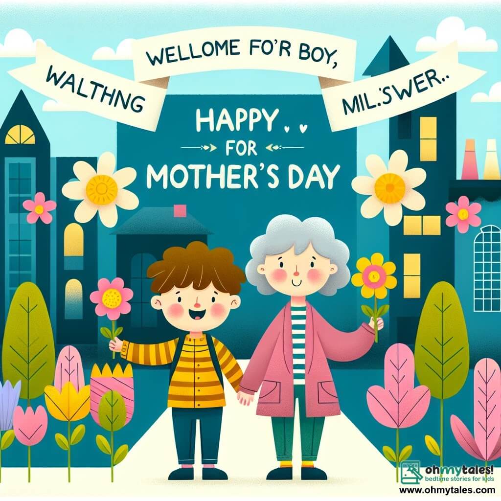 Une illustration destinée aux enfants représentant un petit garçon plein de curiosité et d'émerveillement, accompagné de sa mère, se promenant dans une ville colorée et chaleureuse, à la recherche de fleurs disparues pour la fête des mères.
