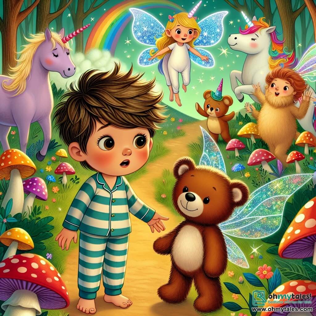 Une illustration destinée aux enfants représentant un garçon aux cheveux ébouriffés, vêtu d'un pyjama rayé, se retrouvant dans une forêt enchantée remplie de licornes aux couleurs chatoyantes et de champignons géants, accompagné d'un ours en peluche magique qui parle et d'une fée espiègle aux ailes scintillantes.