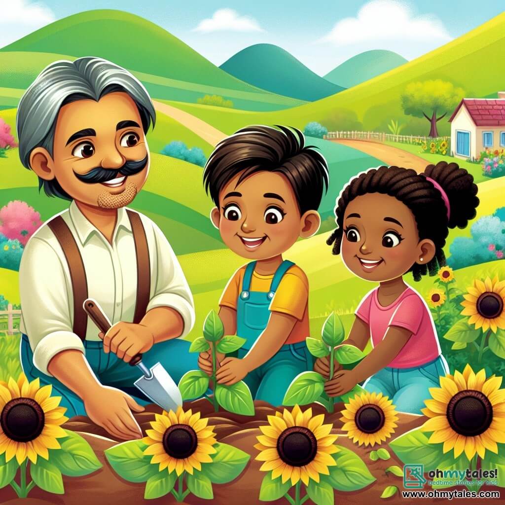 Une illustration destinée aux enfants représentant un homme joyeux et chaleureux, accompagné de deux jeunes enfants, plantant des tournesols dans une ferme pittoresque entourée de collines verdoyantes.