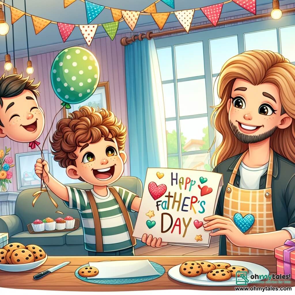 Une illustration sous forme de dessin destinée aux enfants représentant une joyeuse scène de fête des pères dans un salon lumineux décoré de guirlandes colorées et de ballons, où un garçon de 6 ans aux cheveux bouclés et aux yeux pétillants, tenant une grande carte faite main, sourit avec enthousiasme, tandis qu'une femme souriante, sa mère, aux cheveux châtains et portant un tablier, prépare des cookies sur la table, et un homme à la barbe douce, son père, entre dans la pièce avec un air surpris et ravi, découvrant la surprise de son fils et de sa femme.