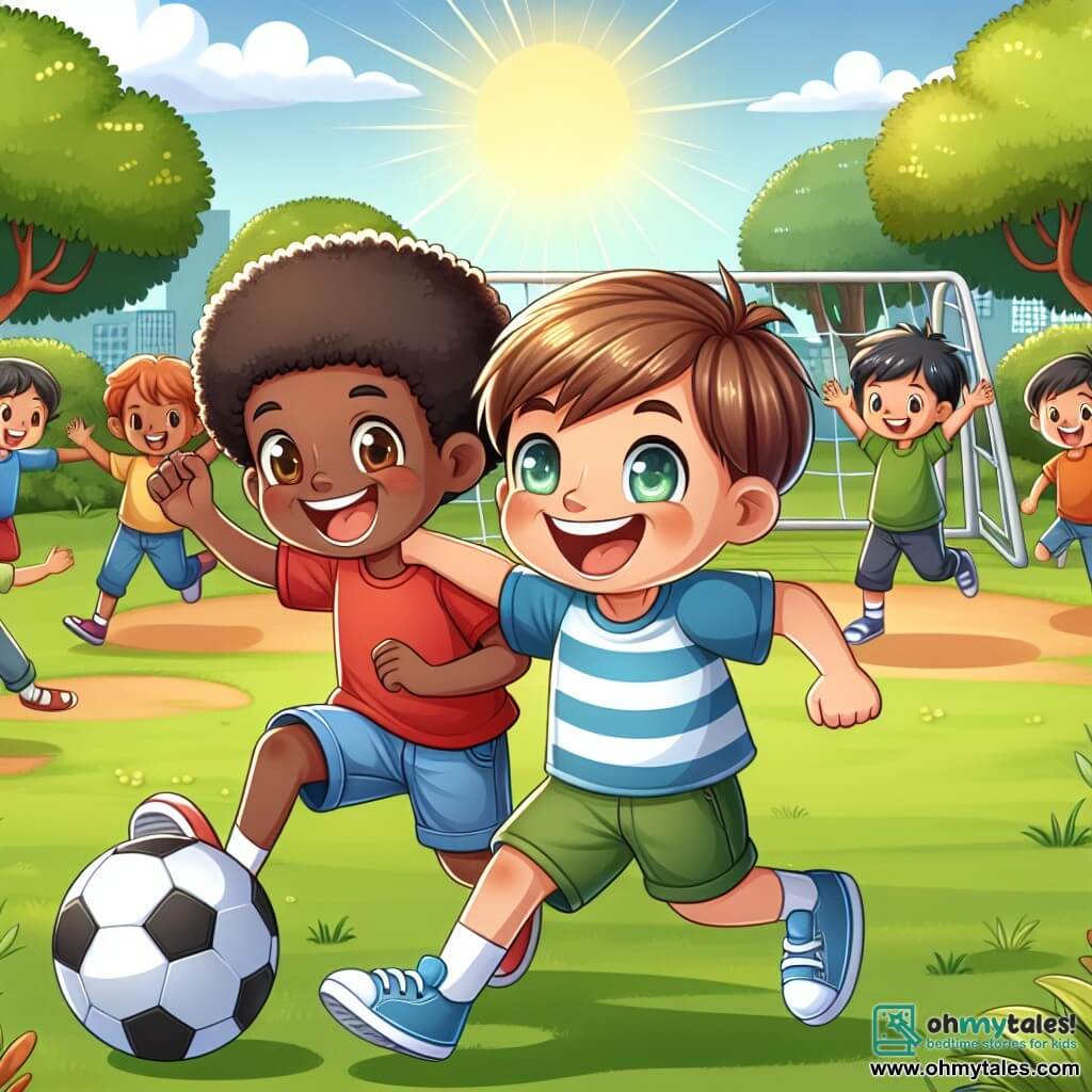 Une illustration sous forme de dessin destinée aux enfants représentant un parc ensoleillé avec des arbres verdoyants et un terrain de jeu, où un garçon de 11 ans, aux cheveux bruns et aux yeux pétillants, dribble un ballon de soccer avec enthousiasme, tandis qu'un autre garçon de 11 ans, d'origine afro-américaine avec des cheveux crépus et un sourire chaleureux, l'encourage en levant les bras, symbolisant l'amitié et l'inclusion, alors qu'en arrière-plan, un groupe d'enfants de différentes origines ethniques se rassemble pour jouer ensemble, illustrant la diversité et l'acceptation au sein de leur communauté.