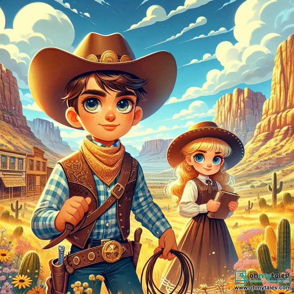 Une illustration sous forme de dessin destinée aux enfants représentant un vaste paysage de l'Ouest américain, avec des montagnes dorées à l'horizon et un ciel bleu parsemé de nuages blancs, au premier plan un jeune cowboy aux cheveux châtains et aux yeux pétillants, portant un large chapeau de cowboy et une chemise à carreaux, tenant une lasso dans sa main, tandis qu'à ses côtés se tient une jeune fille aux cheveux blonds, vêtue d'une robe simple, tenant un carnet de croquis et regardant le cowboy avec admiration, alors qu'ils se préparent à partir à l'aventure à la recherche d'un trésor caché, entourés de fleurs sauvages et de cactus, avec une ambiance de camaraderie et d'exploration.
