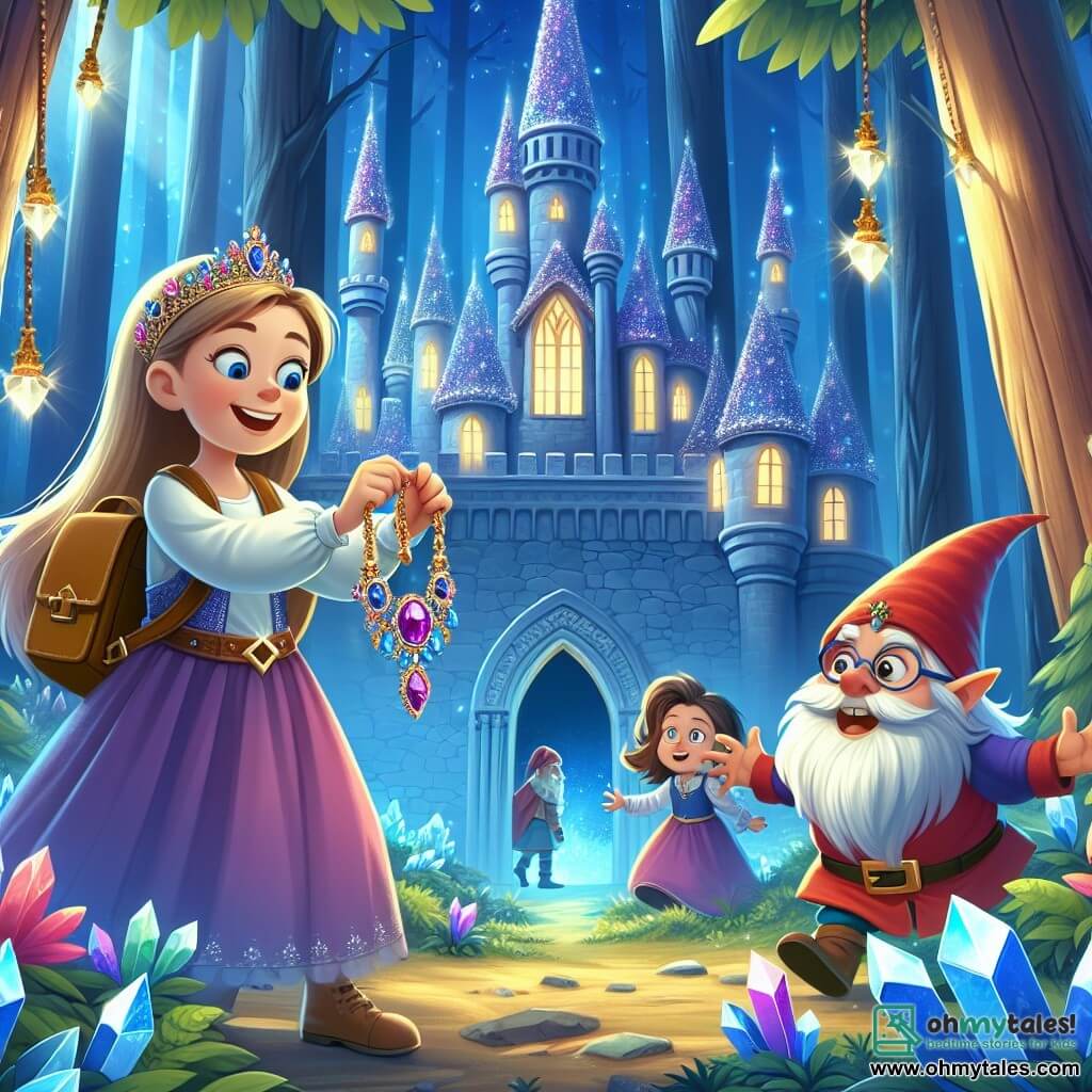 Une illustration destinée aux enfants représentant une jeune fille courageuse découvrant un collier magique dans une forêt enchantée, accompagnée d'un gnome malicieux, dans un château majestueux aux murs de cristal et aux tours scintillantes.