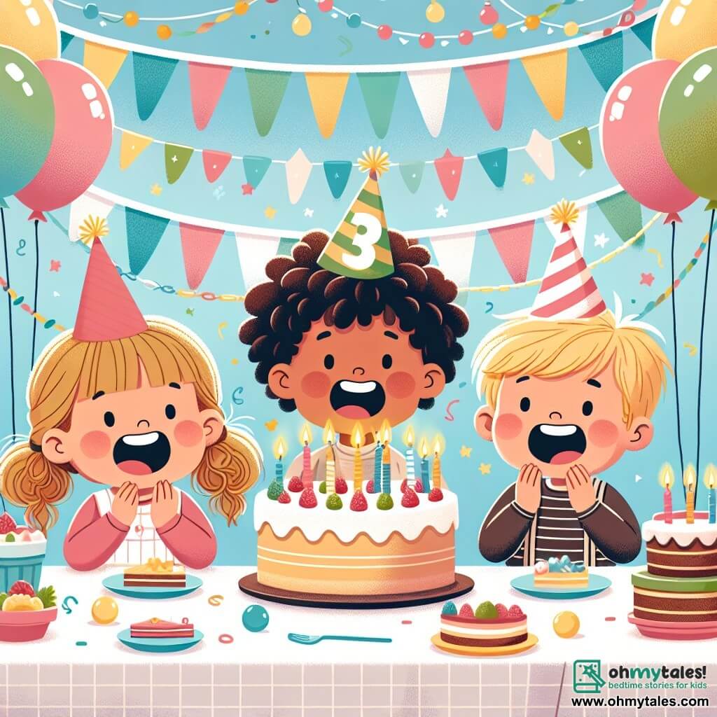 Une illustration sous forme de dessin destinée aux enfants représentant une fête d'anniversaire joyeuse dans une salle décorée de ballons colorés et de guirlandes, où un groupe de trois enfants de 3 ans, deux filles aux cheveux bouclés et un garçon aux cheveux blonds, se tiennent autour d'une grande table remplie de gâteaux et de sucreries, avec des sourires éclatants sur leurs visages, tandis qu'une des filles souffle sur des bougies d'anniversaire, et l'autre fille et le garçon applaudissent avec enthousiasme, créant une atmosphère de bonheur et d'amitié.