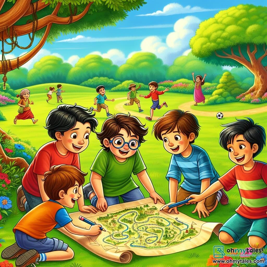 An illustration depicting a sunny afternoon in a green park, with majestic trees and colorful flowers swaying in the wind. In the center of the image, four boys around ten years old are gathered around a large sheet of paper, drawing a treasure map. The first boy, with messy brown hair, wears a red t-shirt and blue shorts, smiling while holding a pencil. The second boy, wearing glasses and with blonde hair, leans over the map, focused on drawing winding paths. The third boy, with smooth black hair, is laughing with his arms spread wide, while the fourth, with brown hair and a green t-shirt, enthusiastically gestures to explain an idea. In the background, children play with a ball and families have picnics, creating a joyful and lively atmosphere. Birds fly in the blue sky, adding life to this scene of friendship and creativity, symbolizing the joy of spending time together without screens.
