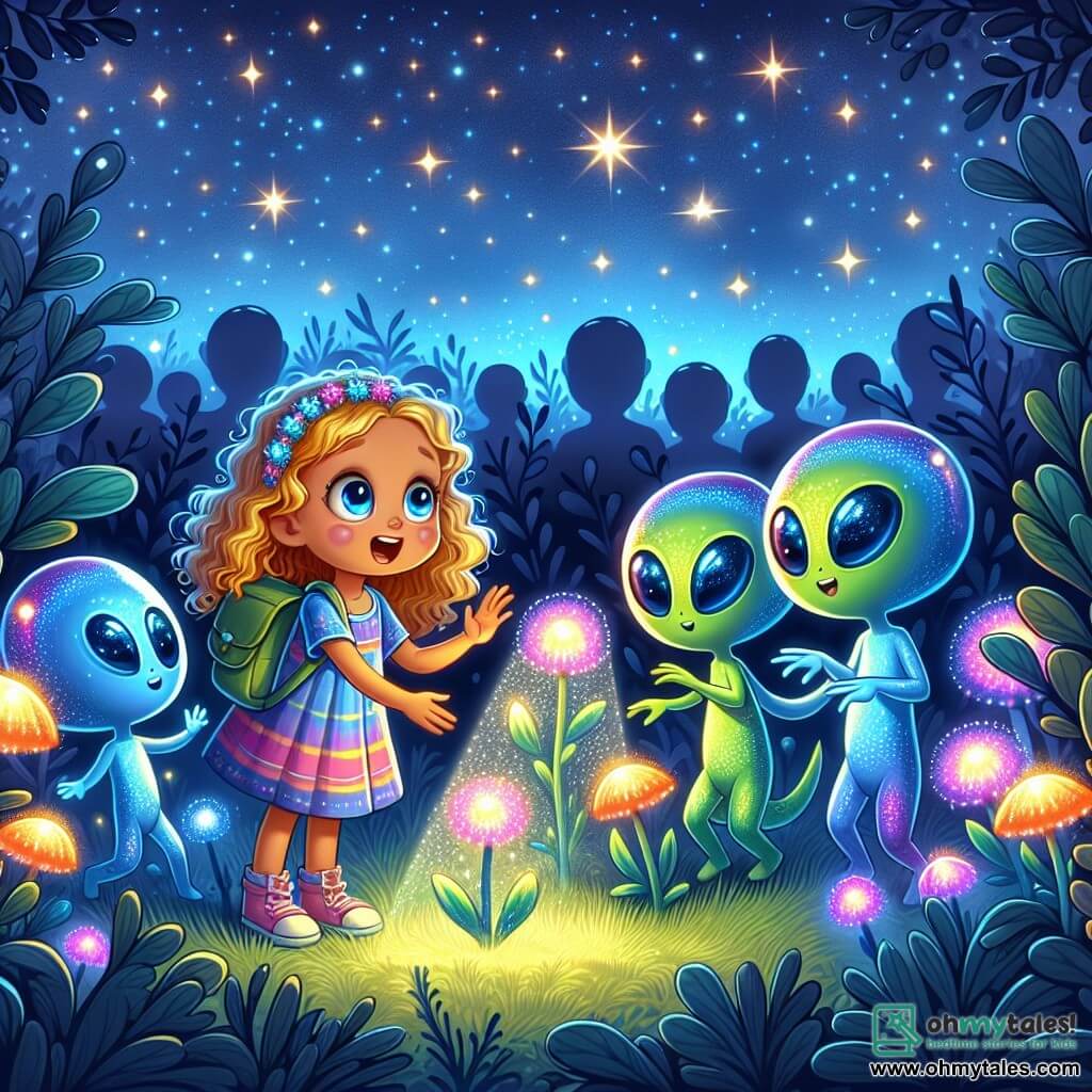 Une illustration sous forme de dessin destinée aux enfants représentant une clairière magique au crépuscule, où une fille de 7 ans aux cheveux bouclés et dorés, vêtue d'une robe colorée, s'émerveille devant un jardin cosmique rempli de plantes lumineuses, tandis que trois extraterrestres ronds aux peaux brillantes de bleu, vert et violet, avec de grands yeux pétillants, dansent joyeusement autour d'elle, tous partageant un moment de découverte et de joie sous un ciel étoilé scintillant.