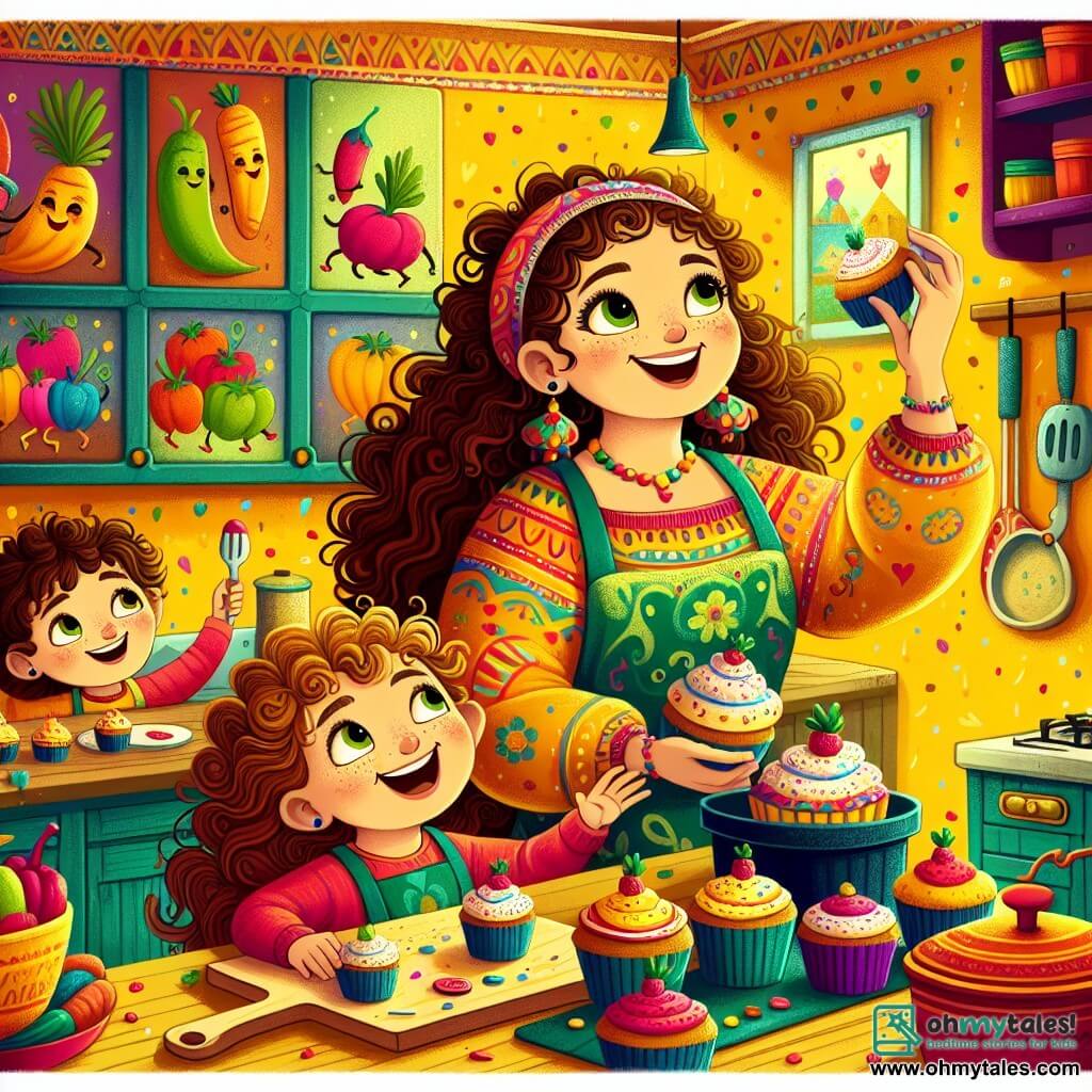 Une illustration sous forme de dessin destinée aux enfants représentant une cuisine colorée et chaleureuse, avec des murs jaunes ornés de fresques de légumes dansants, où une femme joyeuse aux cheveux bouclés et au tablier à motifs prépare des cupcakes colorés, entourée de deux enfants, un garçon aux yeux pétillants et une fille aux cheveux longs et frisés, tous deux souriants et tenant des ustensiles de cuisine, alors qu'ils décorent ensemble des cupcakes avec des glaçages vibrants et des paillettes, illustrant l'esprit d'aventure et de partage dans la magie de la cuisine.