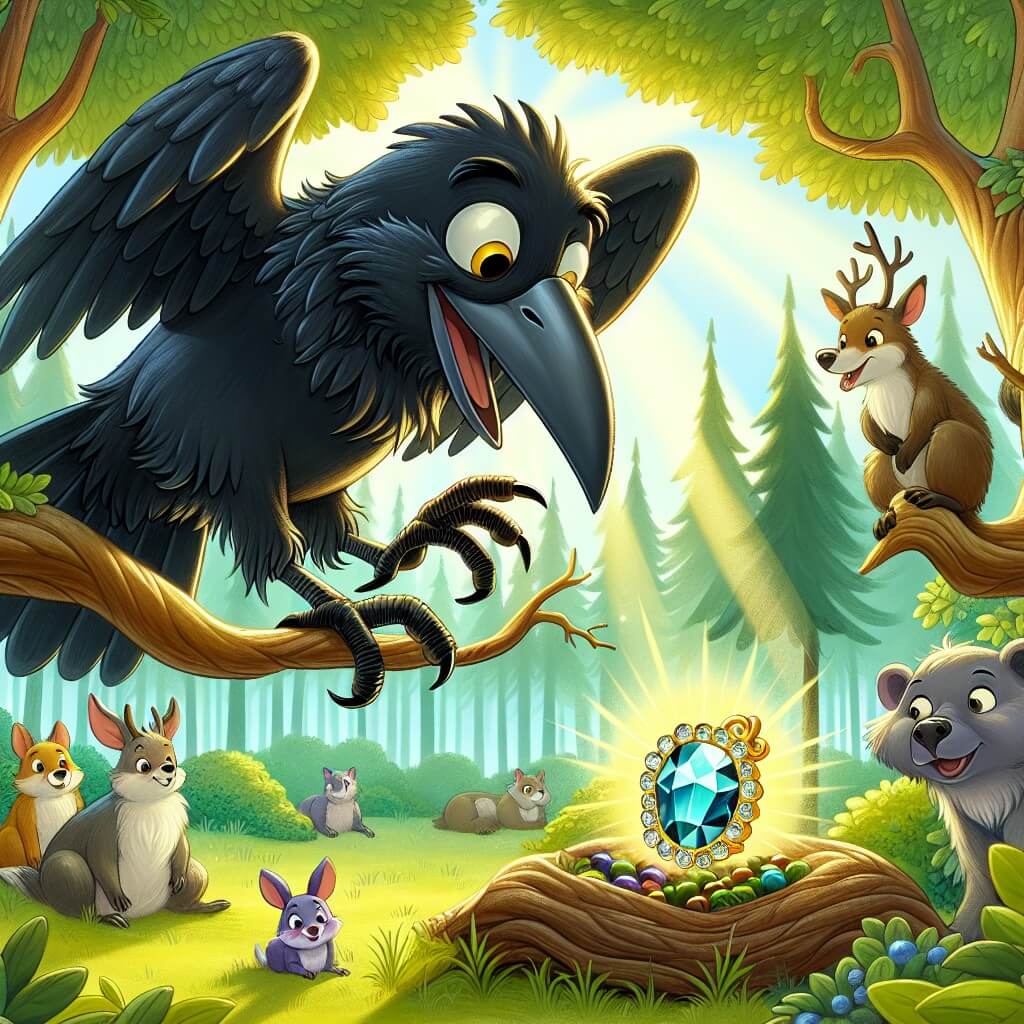 Une illustration destinée aux enfants représentant un corbeau malicieux, perché sur une branche, découvrant une mystérieuse légende d'un joyau magique appelé "Le Cœur de la Forêt" lors d'une conversation animée avec les animaux de la forêt, dans un paisible bosquet verdoyant, baigné par les rayons dorés du soleil.