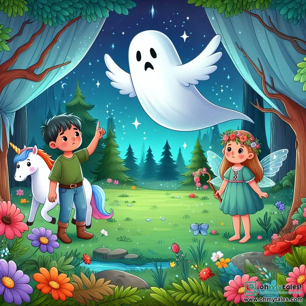 Une illustration destinée aux enfants représentant un fantôme solitaire flottant tristement dans une forêt enchantée, découvrant un monde magique en compagnie d'une jeune fille et d'une licorne ailée, dans un pré parsemé de fleurs aux couleurs éclatantes.