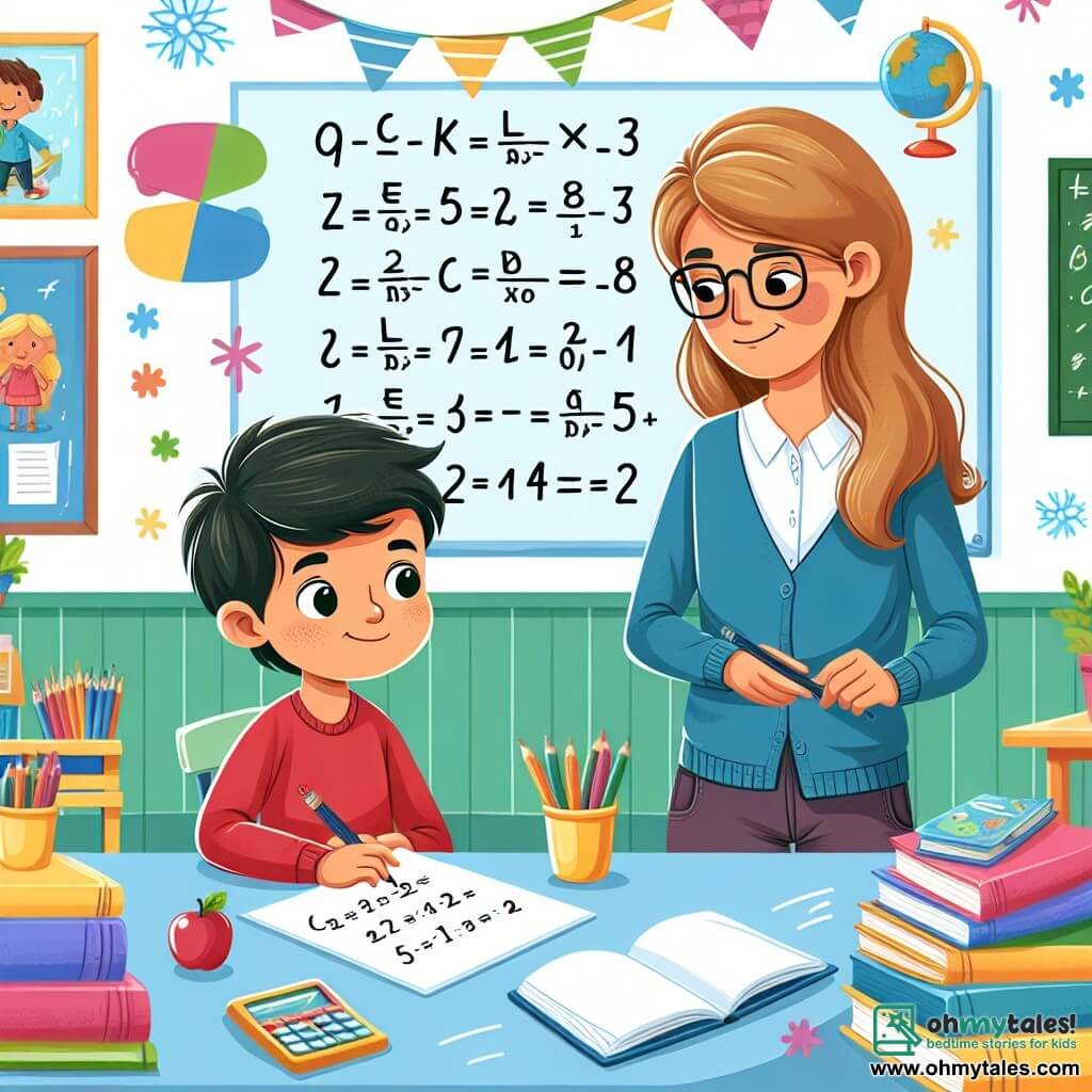 Une illustration destinée aux enfants représentant un garçon courageux affrontant une épreuve mathématique difficile avec l'aide bienveillante de sa professeure dans une salle de classe lumineuse et colorée remplie de livres et de dessins joyeux.