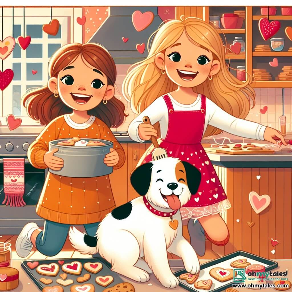 Une illustration destinée aux enfants représentant une jeune fille pleine de vie préparant une surprise de Saint-Valentin pour ses parents, avec l'aide d'un gentil chien blanc à taches noires, dans une cuisine chaleureuse et colorée remplie de biscuits en forme de cœur et de décorations festives.