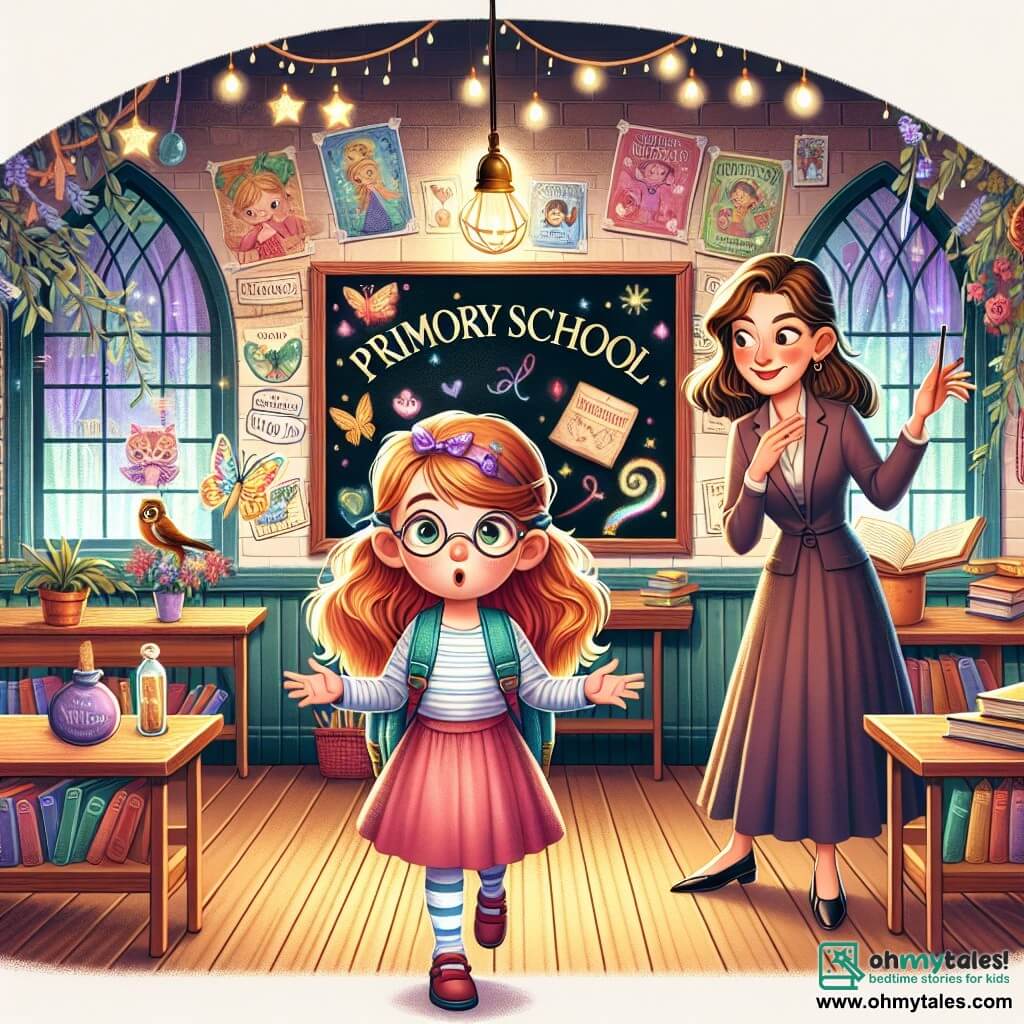 Une illustration destinée aux enfants représentant une fillette curieuse et pleine d'énergie, une nouvelle enseignante mystérieuse, une salle de classe enchantée avec des affiches colorées, des plantes en pot et des lumières scintillantes, à l'école primaire de Willow Creek.