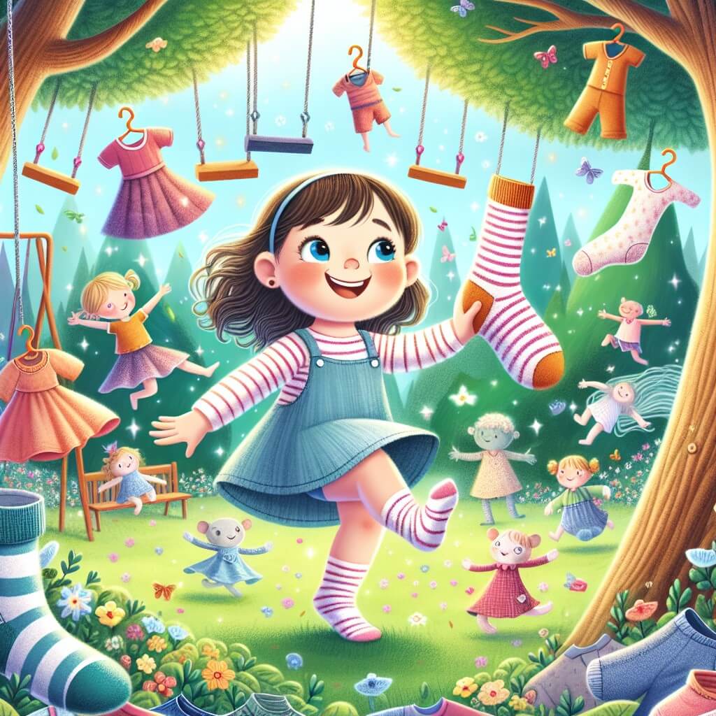 Une illustration destinée aux enfants représentant une petite fille joyeuse et curieuse qui cherche ses chaussettes rigolotes, qui prennent vie et l'entraînent dans une aventure magique à travers un parc rempli de vêtements animés, où elle découvre l'importance de l'amitié et de la joie, le tout se déroulant dans un parc enchanteur avec des arbres colorés, des balançoires qui volent et une clairière secrète remplie de vêtements qui dansent.