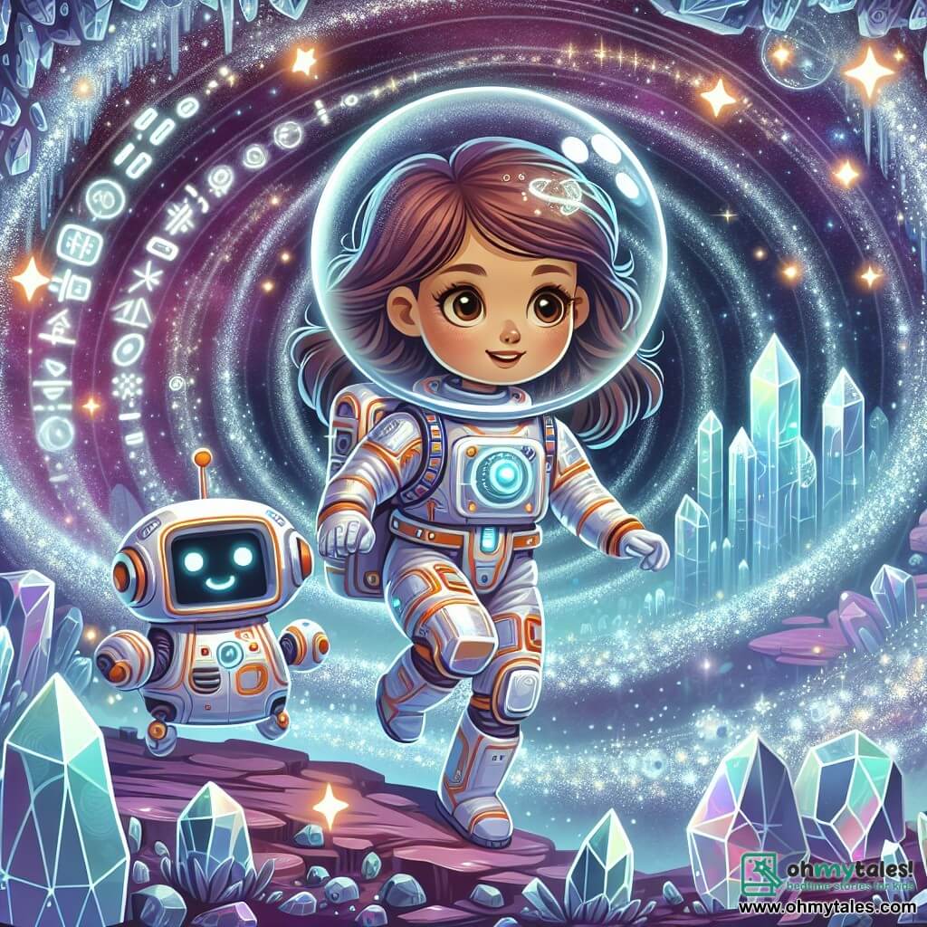Une illustration destinée aux enfants représentant une jeune femme astronaute courageuse naviguant à travers un vortex cosmique avec l'aide de son fidèle robot compagnon, sur une planète lointaine aux structures cristallines scintillantes et aux hiéroglyphes lumineux.