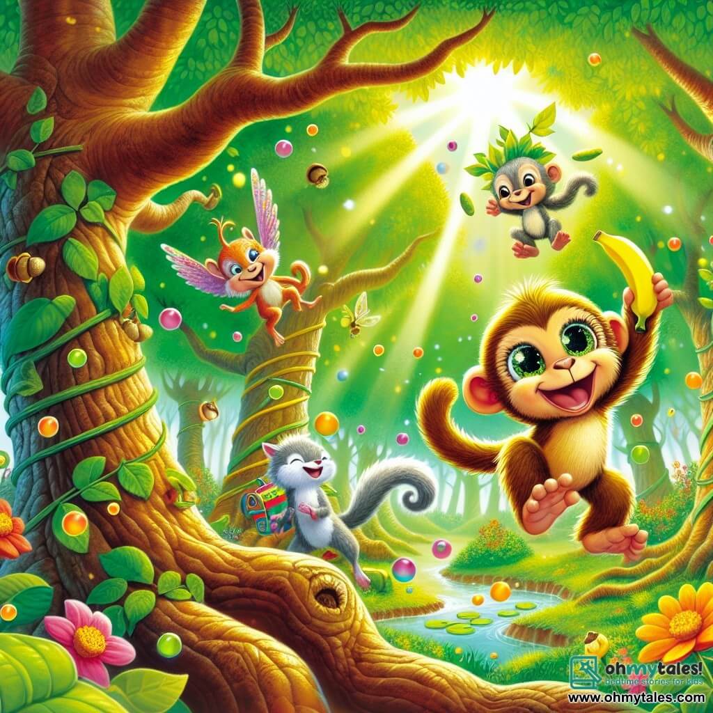 An illustration for children depicting a vibrant scene in an enchanted forest, where tall trees with gnarled trunks and bright green leaves dance in the wind. In the center, a mischievous monkey with golden and brown fur, sparkling eyes full of mischief, joyfully swings from branch to branch, holding a banana in one hand and a colorful backpack in the other. Beside him, a group of animals: a small gray squirrel with a bushy tail, laughing as it throws acorns, and a green frog, crowned with leaves, jumping for joy on a lily pad. The scene captures the excitement of a fun quest to find a precious golden acorn, with bubbles of laughter floating in the air and colorful flowers that seem to smile. Sun rays pierce through the foliage, illuminating the scene with warm, joyful light.