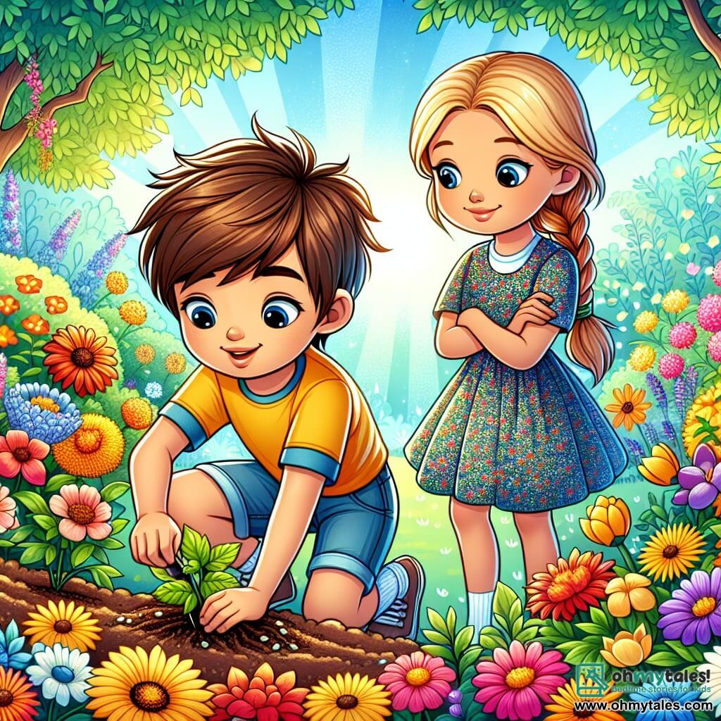 Une illustration sous forme de dessin destinée aux enfants représentant un jardin vibrant et coloré, rempli de fleurs éclatantes, où un garçon de 11 ans aux cheveux bruns en désordre, vêtu d'un t-shirt jaune et de shorts, est accroupi en train de planter des graines avec un sourire déterminé sur son visage, tandis qu'à ses côtés, une petite fille aux cheveux blonds tressés, portant une robe à fleurs, l'observe avec curiosité et enthousiasme, illustrant un moment de partage et de connexion dans leur quête de célébrer la mémoire d'un être cher à travers la beauté de la nature.