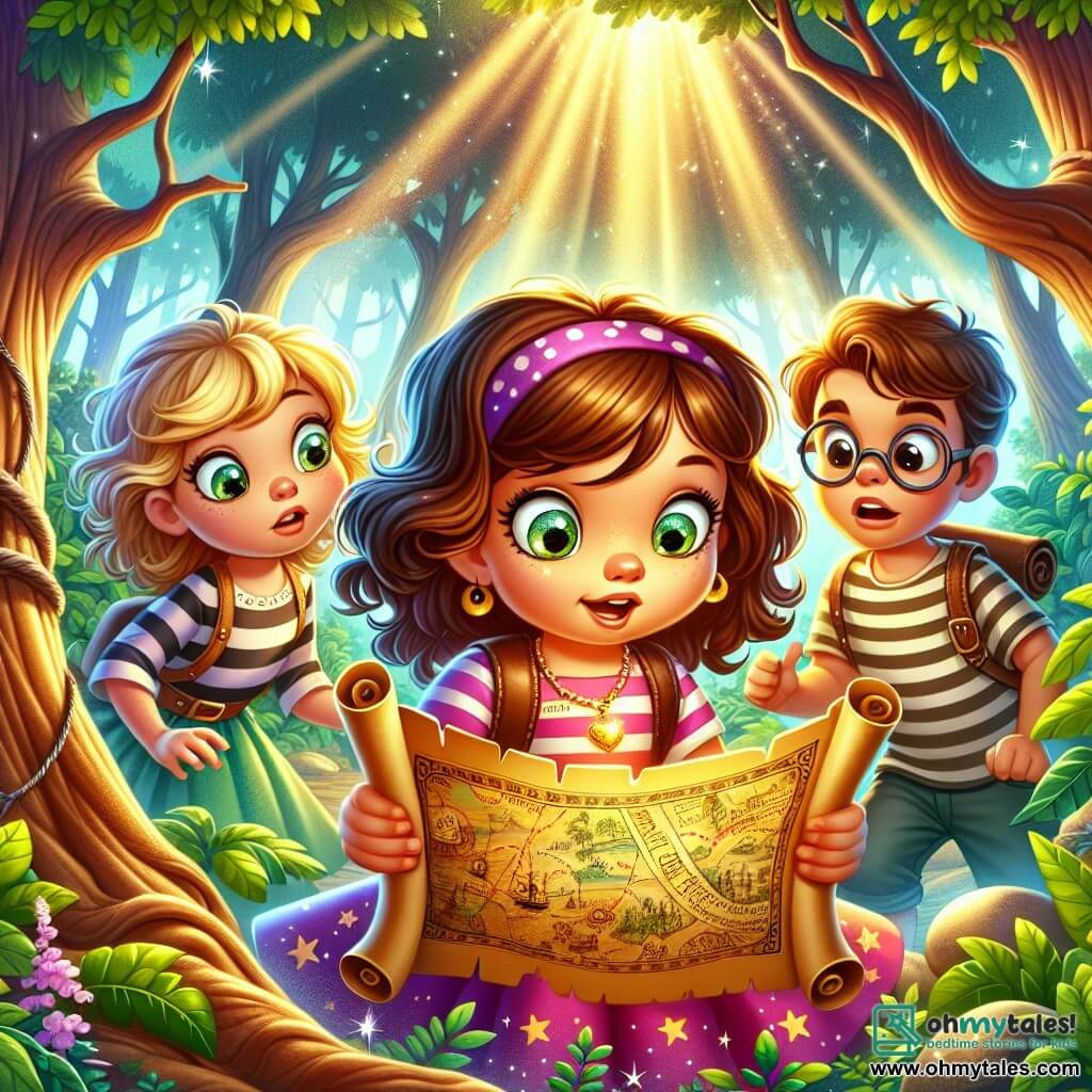 Une illustration sous forme de dessin destinée aux enfants représentant une forêt enchantée avec des arbres majestueux et des rayons de soleil filtrant à travers le feuillage, où une petite fille de 5 ans aux cheveux bouclés bruns et aux yeux pétillants, vêtue d'une robe colorée, examine avec émerveillement une vieille carte au trésor, tandis qu'à ses côtés, deux amis, un garçon aux cheveux blonds en bataille portant un t-shirt à rayures et une fille aux lunettes rondes avec une jupe à fleurs, l'observent avec excitation, tous trois prêts à partir à l'aventure pour découvrir le trésor caché dans le village oublié.