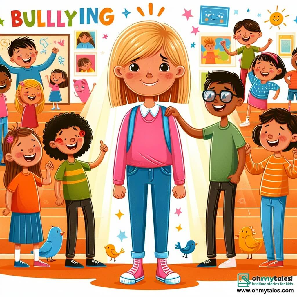 Une illustration destinée aux enfants représentant une fillette courageuse luttant contre le harcèlement en compagnie de son amie fidèle, dans une école colorée et animée remplie de rires et de sourires.