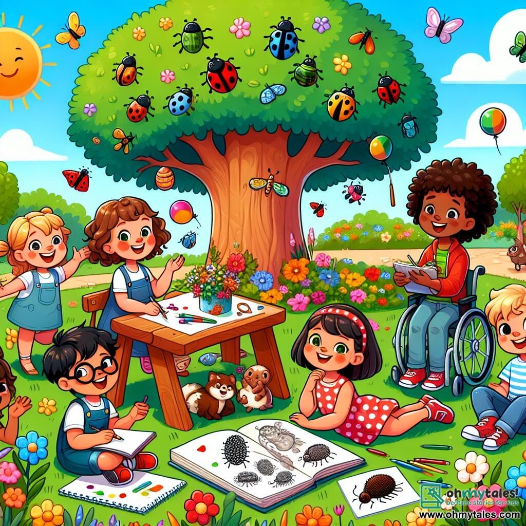 An illustration depicting a sunny park with a large oak tree at the center, surrounded by colorful flowers and lush greenery. In the foreground, a group of seven children joyfully gathers around a small improvised stage. A girl with curly brown hair, about 8 years old, shows ladybugs on her hand with a bright smile. Next to her, a tall, smiling 9-year-old boy juggles colorful balls, his blonde hair shining in the sun. Another girl, around 7 years old with straight black hair, sits with a sketchbook, adding vibrant colors to her drawing. An 8-year-old boy in a red baseball cap enthusiastically claps, while a girl with sparkling eyes of Asian descent dances gracefully, her arms rising like wings. A 9-year-old boy with dark skin and glasses showcases a collection of bugs, while another boy in a wheelchair performs acrobatic moves with a big smile on his face. The main scene shows these children celebrating their diverse talents during a performance, surrounded by bright flowers and a joyful atmosphere. Colorful balloons float in the blue sky, and laughter resonates, illustrating the beauty of friendship and diversity.
