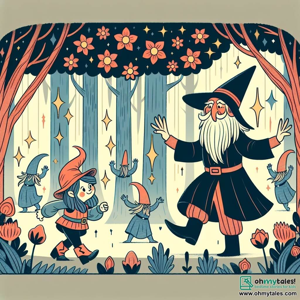 Une illustration destinée aux enfants représentant une jeune apprentie sorcière, une situation magique et amusante, un gnome espiègle, dans une forêt enchantée aux arbres dansants et aux fleurs tremblantes.
