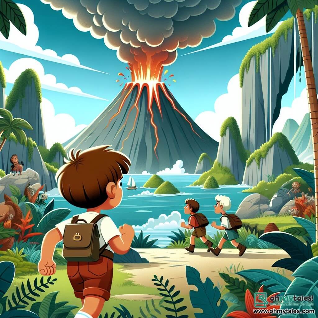 Une illustration destinée aux enfants représentant un jeune garçon intrépide, accompagné de ses amis, affrontant un volcan en éruption sur une île mystérieuse entourée de falaises escarpées et de végétation luxuriante.