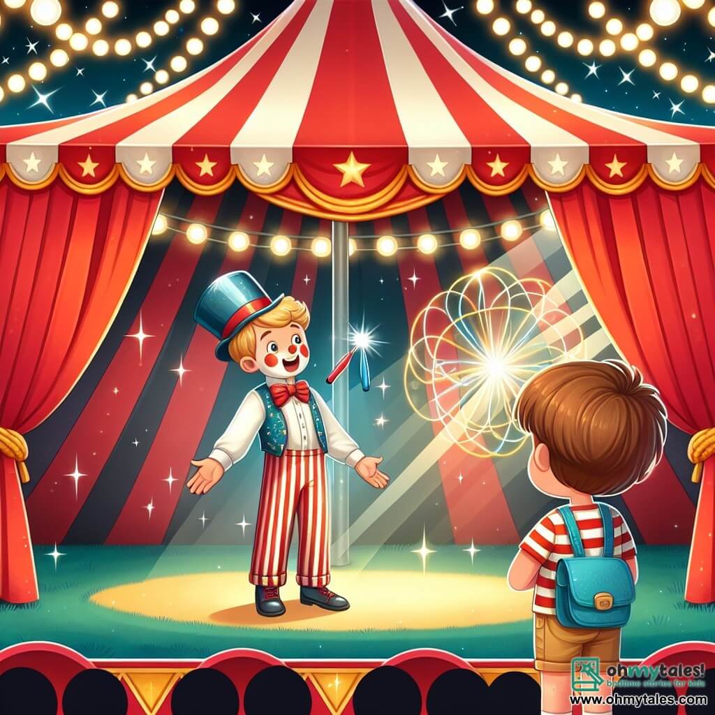 Une illustration destinée aux enfants représentant un garçon émerveillé par le cirque, accompagné de sa maman, faisant la rencontre d'un jongleur talentueux, dans un grand chapiteau rouge et blanc scintillant de lumières étincelantes.