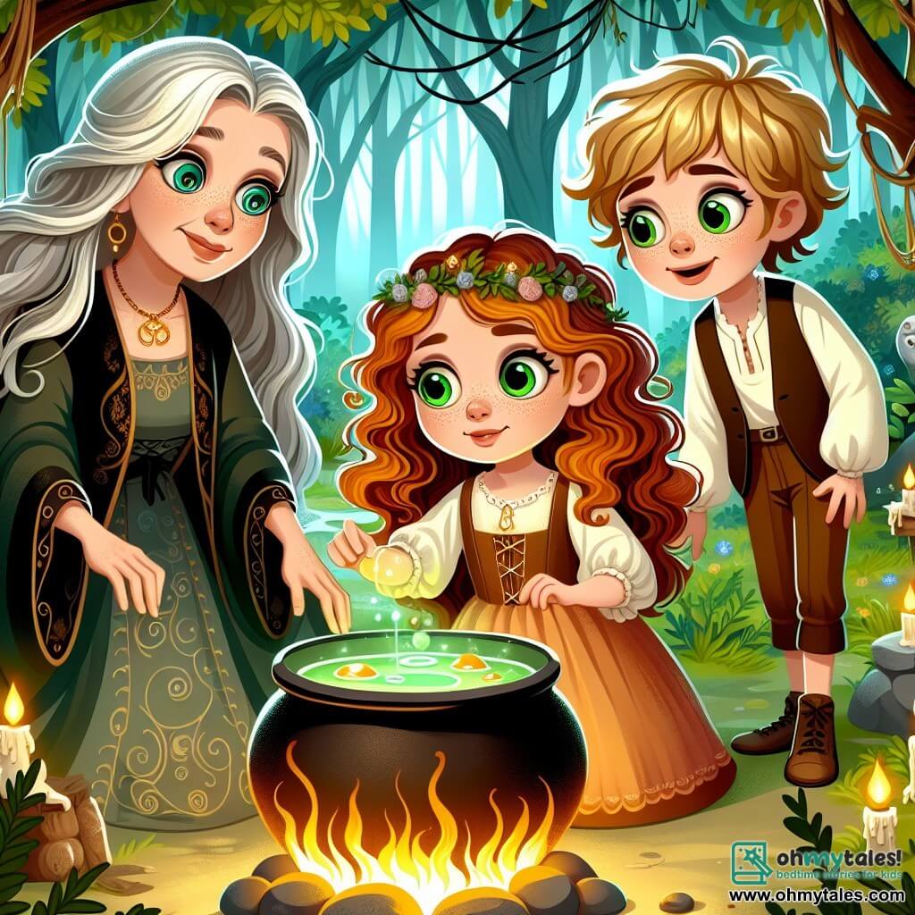 Une illustration sous forme de dessin destinée aux enfants représentant une clairière enchantée au cœur d'une forêt magique, où une jeune apprentie sorcière aux cheveux bouclés auburn et aux yeux verts pétillants se tient devant un chaudron en ébullition, concentrée sur la préparation d'une potion lumineuse, tandis qu'un garçon aux cheveux blonds en désordre, son meilleur ami, l'encourage avec un sourire espiègle, et une vieille sorcière aux cheveux argentés, vêtue d'une robe ornée de symboles mystiques, les observe avec fierté, alors qu'ils unissent leurs forces pour conjurer un sort qui pourrait protéger leur village des forces obscures.