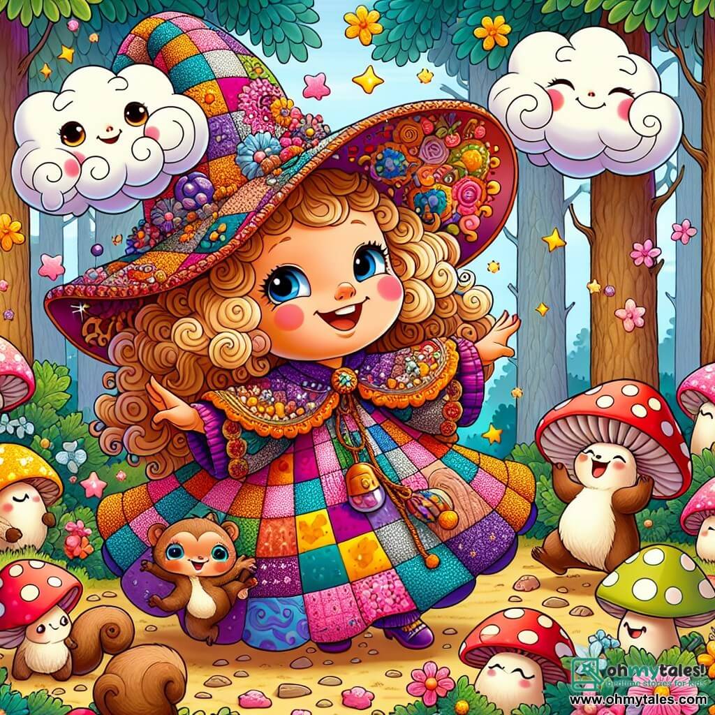 Une illustration sous forme de dessin destinée aux enfants représentant une forêt enchantée aux arbres aux chapeaux de nuages et aux fleurs rieuses, où une jeune sorcière aux cheveux bouclés et colorés, vêtue d'une robe en patchwork scintillant, danse joyeusement tout en tenant une potion pétillante dans sa main, entourée d'un groupe de champignons colorés aux visages souriants qui dansent autour d'elle, tandis qu'un petit écureuil chubby aux yeux pétillants applaudit et encourage la fête, capturant l'instant magique d'une célébration pleine de rires et de musique.