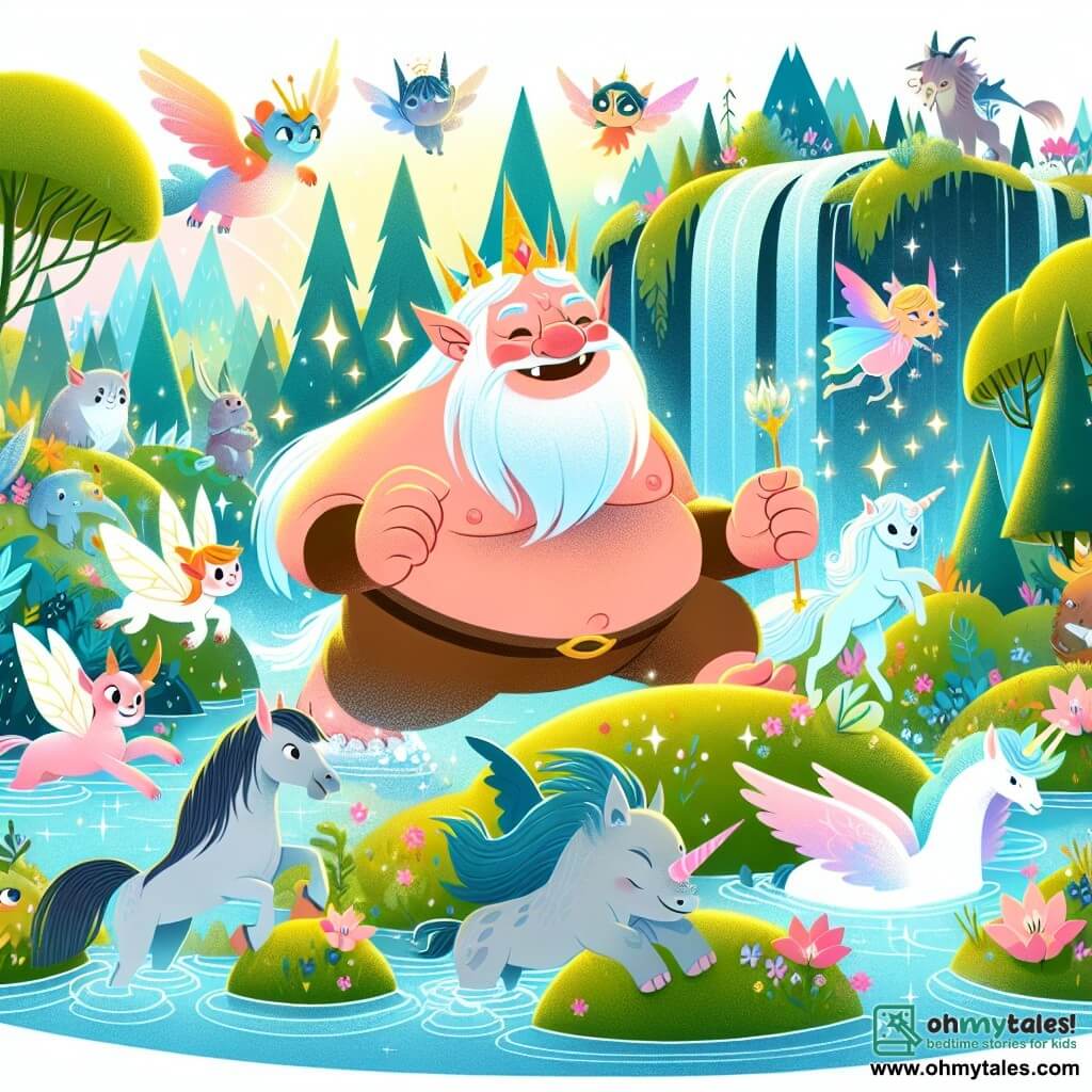 Une illustration destinée aux enfants représentant un ogre bienveillant, entouré de créatures magiques, explorant un royaume enchanteur rempli de cascades scintillantes, de forêts luxuriantes et de fleurs colorées.