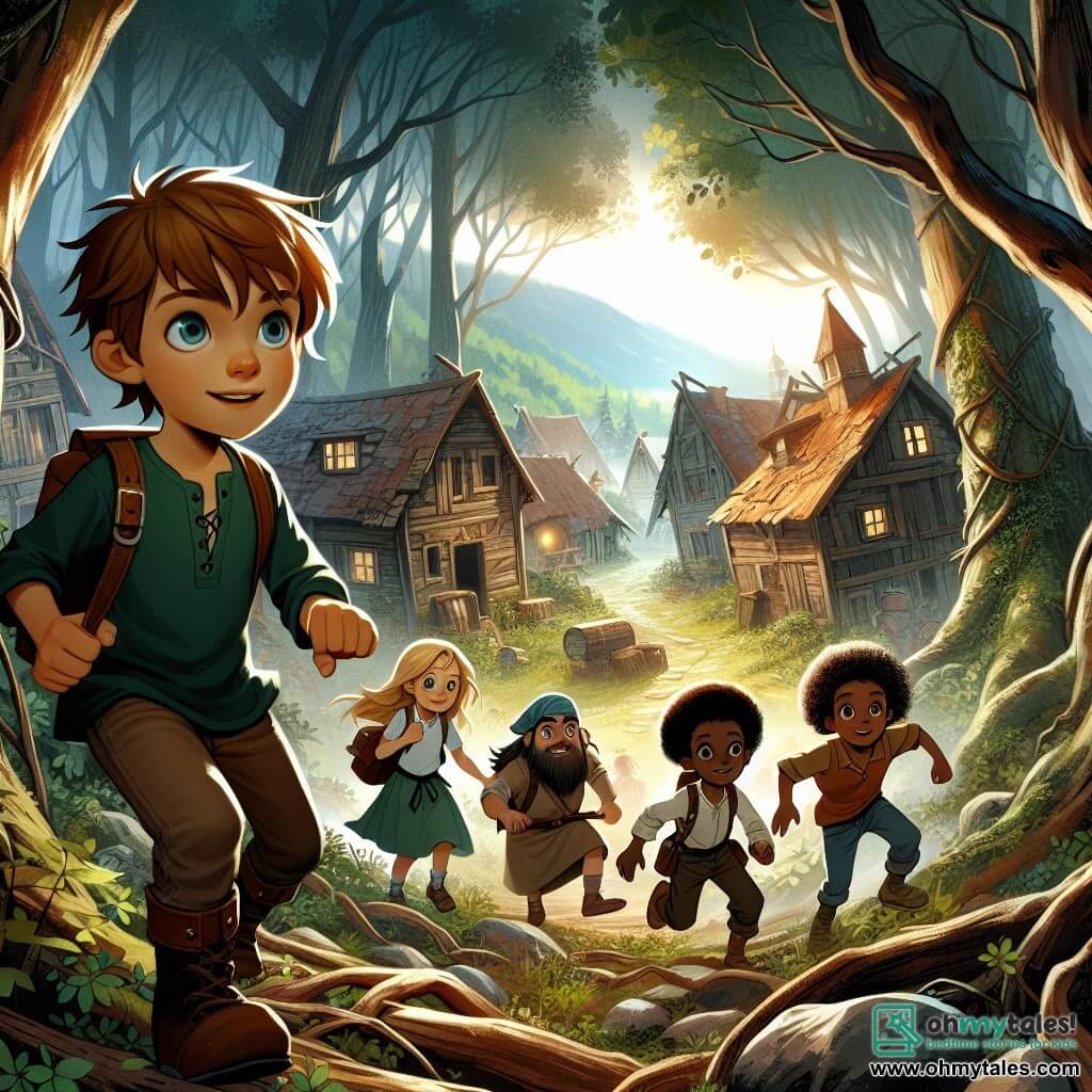 Une illustration destinée aux enfants représentant un petit garçon courageux découvrant un mystérieux village abandonné avec ses amis, une fille et deux garçons, au cœur d'une forêt dense où les arbres semblent murmurer des secrets.