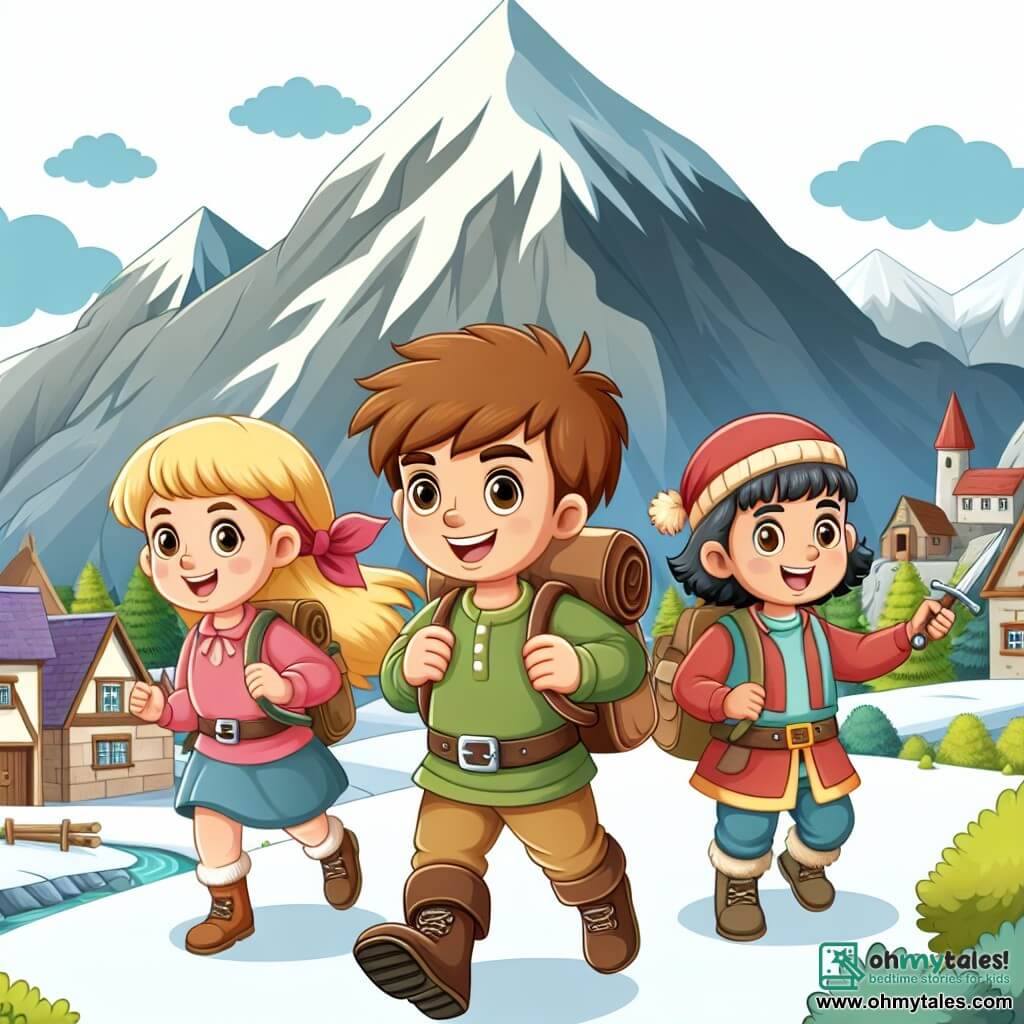 Une illustration destinée aux enfants représentant une jeune fille courageuse partant à l'aventure avec ses amis, un garçon espiègle et une fille joyeuse, à la découverte d'un village pittoresque niché au pied d'une montagne enneigée.