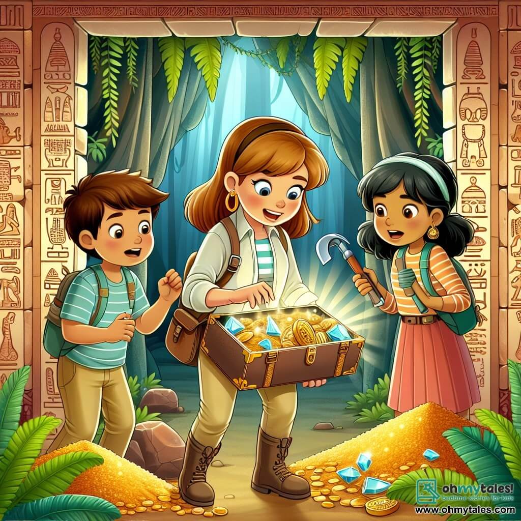 Une illustration destinée aux enfants représentant une jeune archéologue passionnée découvrant un trésor caché avec l'aide de deux enfants curieux, dans une ancienne chambre secrète ornée de mystérieuses hiéroglyphes et de trésors scintillants, au cœur d'une forêt dense et mystique.