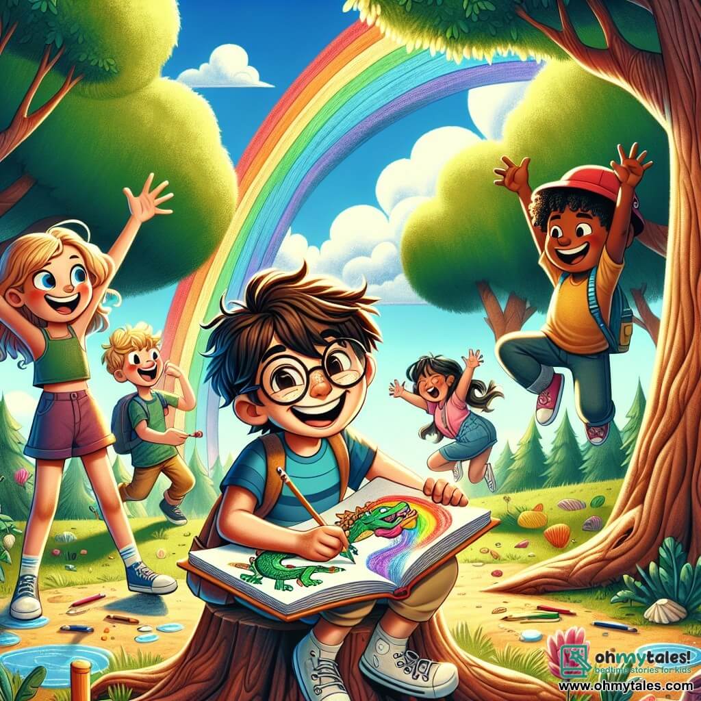 An illustration depicting a vibrant scene of a summer camp. The setting is a sunny clearing, surrounded by tall trees with bright green leaves, under a blue sky dotted with fluffy white clouds. In the center, an 11-year-old boy with messy brown hair and round glasses sits on a log, a radiant smile on his face. He holds an open sketchbook on his lap, drawing a colorful dragon on a rainbow. Next to him, a girl his age with curly hair and a red cap enthusiastically encourages him, her hands raised in the air. In the background, other children, a blonde boy and a girl with black hair, are joyfully splashing around in puddles. The atmosphere is filled with laughter and creativity, capturing the spirit of adventure and camaraderie of summer.