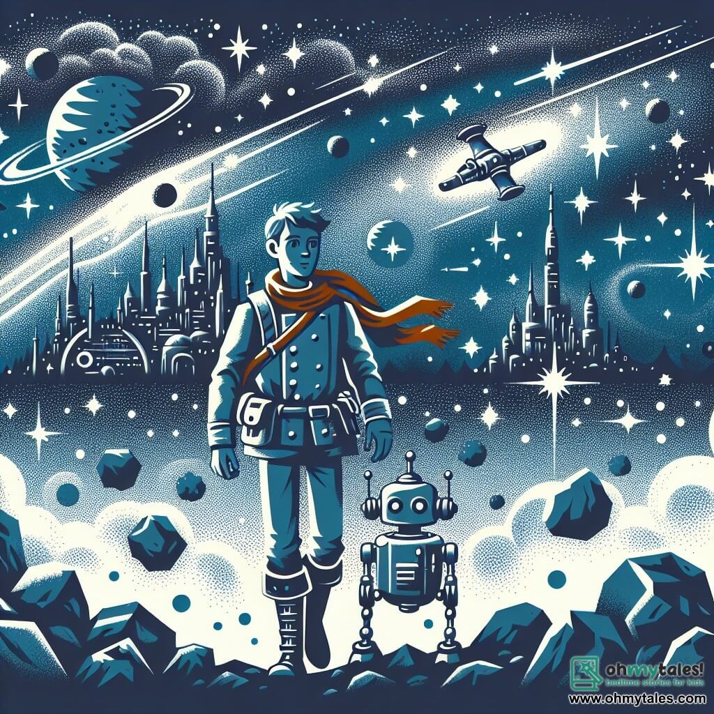 Une illustration destinée aux enfants représentant un courageux explorateur spatial, accompagné de son fidèle robot assistant, naviguant à travers un champ d'astéroïdes scintillants pour atteindre une mystérieuse planète lointaine, où des villes flottent dans le ciel et des vaisseaux volent entre les étoiles.