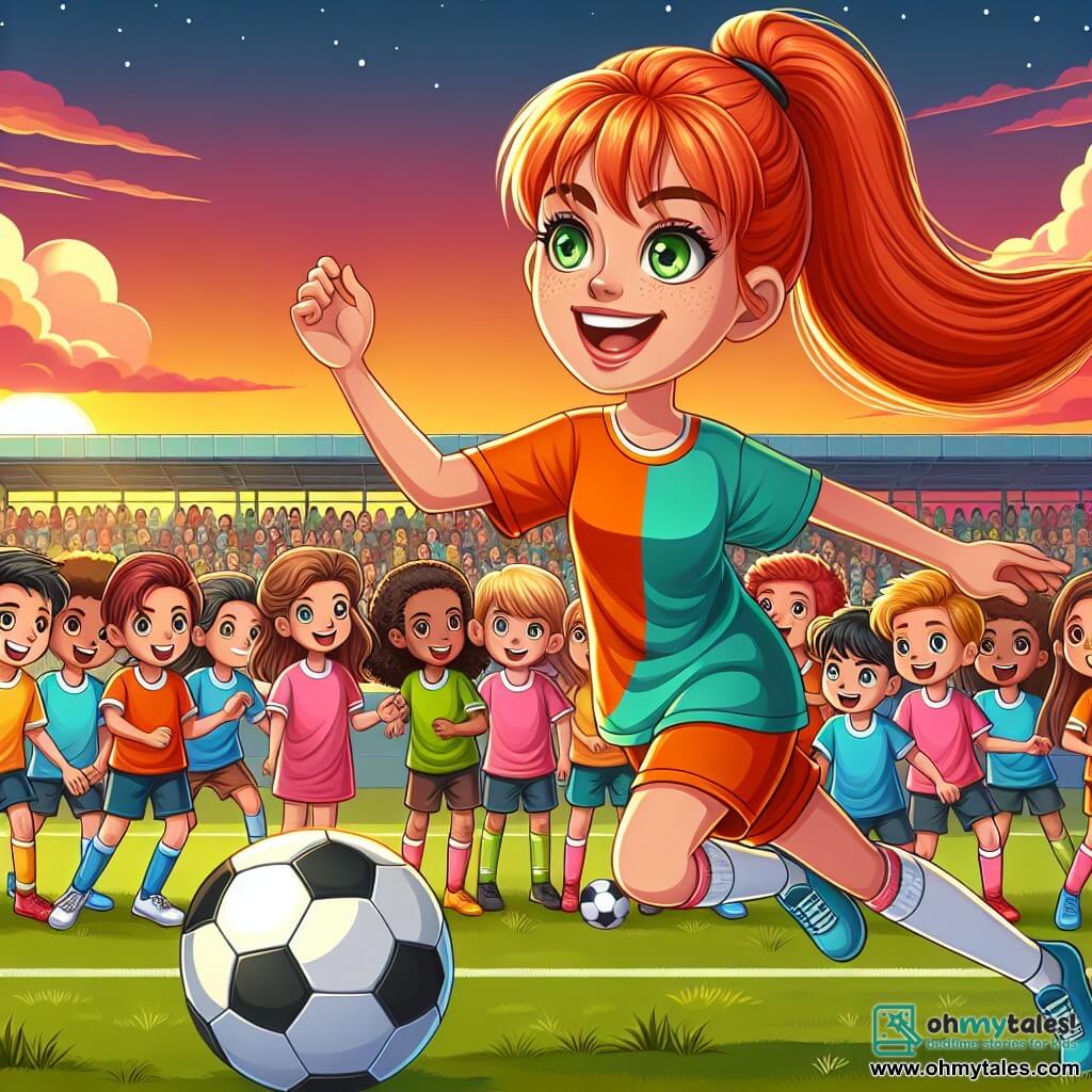 Une illustration sous forme de dessin destinée aux enfants représentant un terrain de football vibrant sous un ciel orange et rose au coucher du soleil, avec une femme aux cheveux roux en queue de cheval et des yeux verts, dribblant un ballon de football avec enthousiasme, entourée de plusieurs enfants de différents âges, garçons et filles, portant des maillots colorés, qui l'observent avec admiration et encouragement, tandis qu'un groupe de jeunes enfants s'apprête à jouer, illustrant l'esprit d'équipe et la passion pour le football.