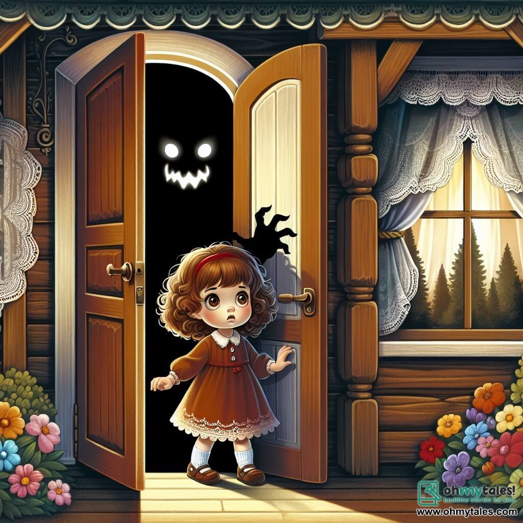 Une illustration destinée aux enfants représentant une petite fille aux boucles brunes, tremblante devant une porte ouverte, tandis que des ombres menaçantes se profilent dans un couloir sombre et mystérieux de sa charmante maison en bois, avec des rideaux en dentelle et des fleurs colorées dans le jardin.