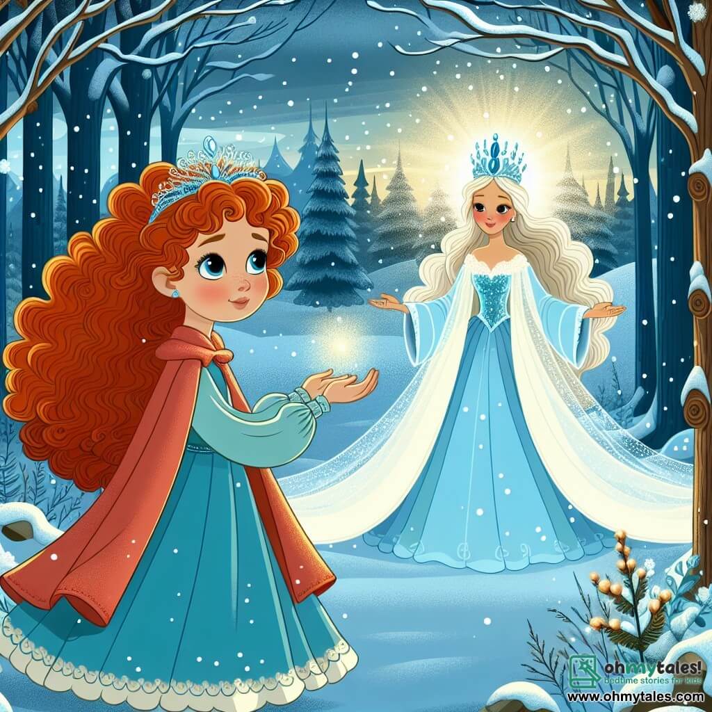 Une illustration destinée aux enfants représentant une fille aux cheveux roux bouclés, une mystérieuse invitation, la majestueuse forêt enneigée et la rencontre avec la Reine des Neiges scintillante.
